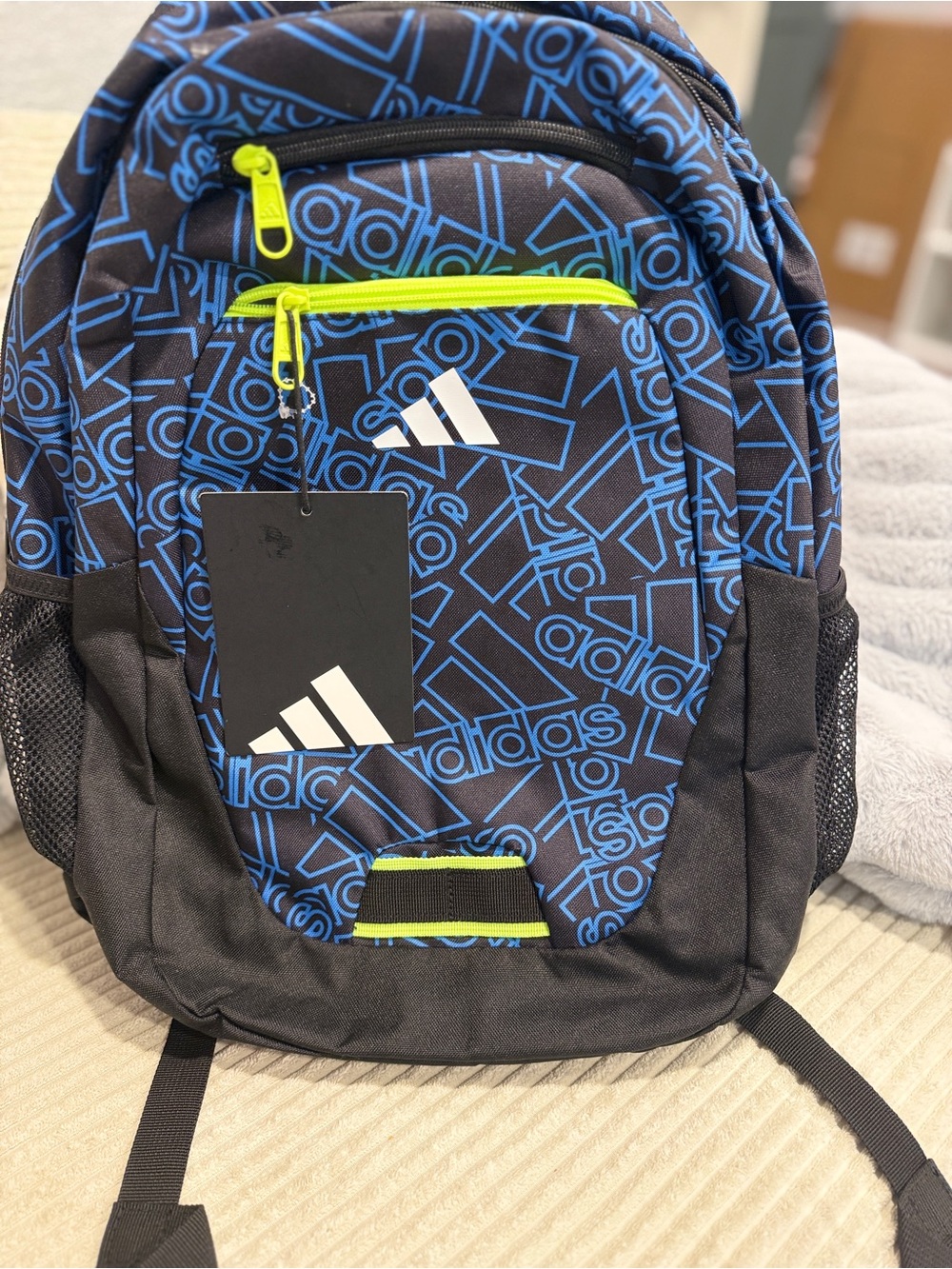 NWT adidas Backpack Blue Black All Over Logo Print Neon Green School Sports Bag - Picture 3 of 14